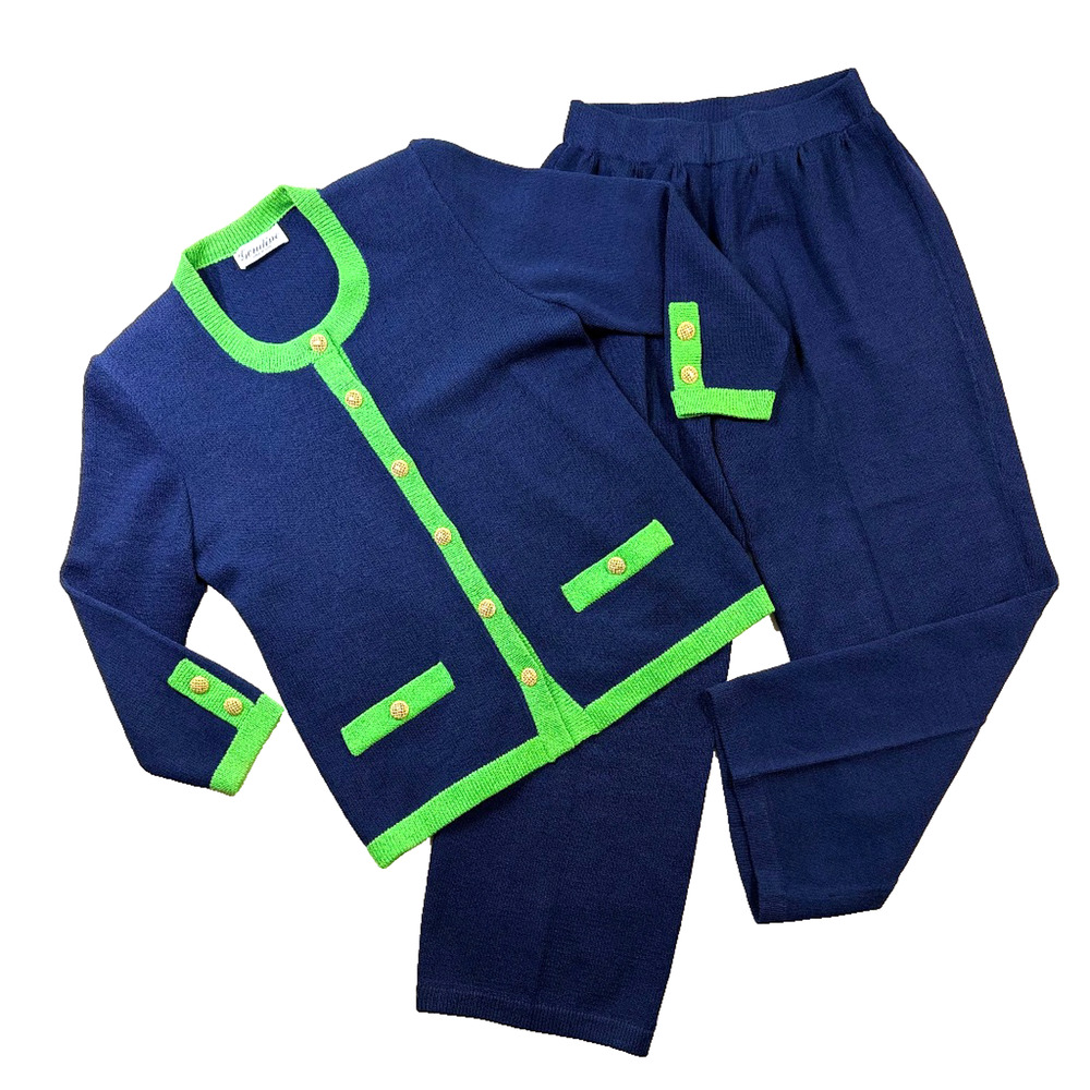 Vintage Gondine 2 Pc Knit Cardigan Pants Set Navy Green Shoulder Pads EUC